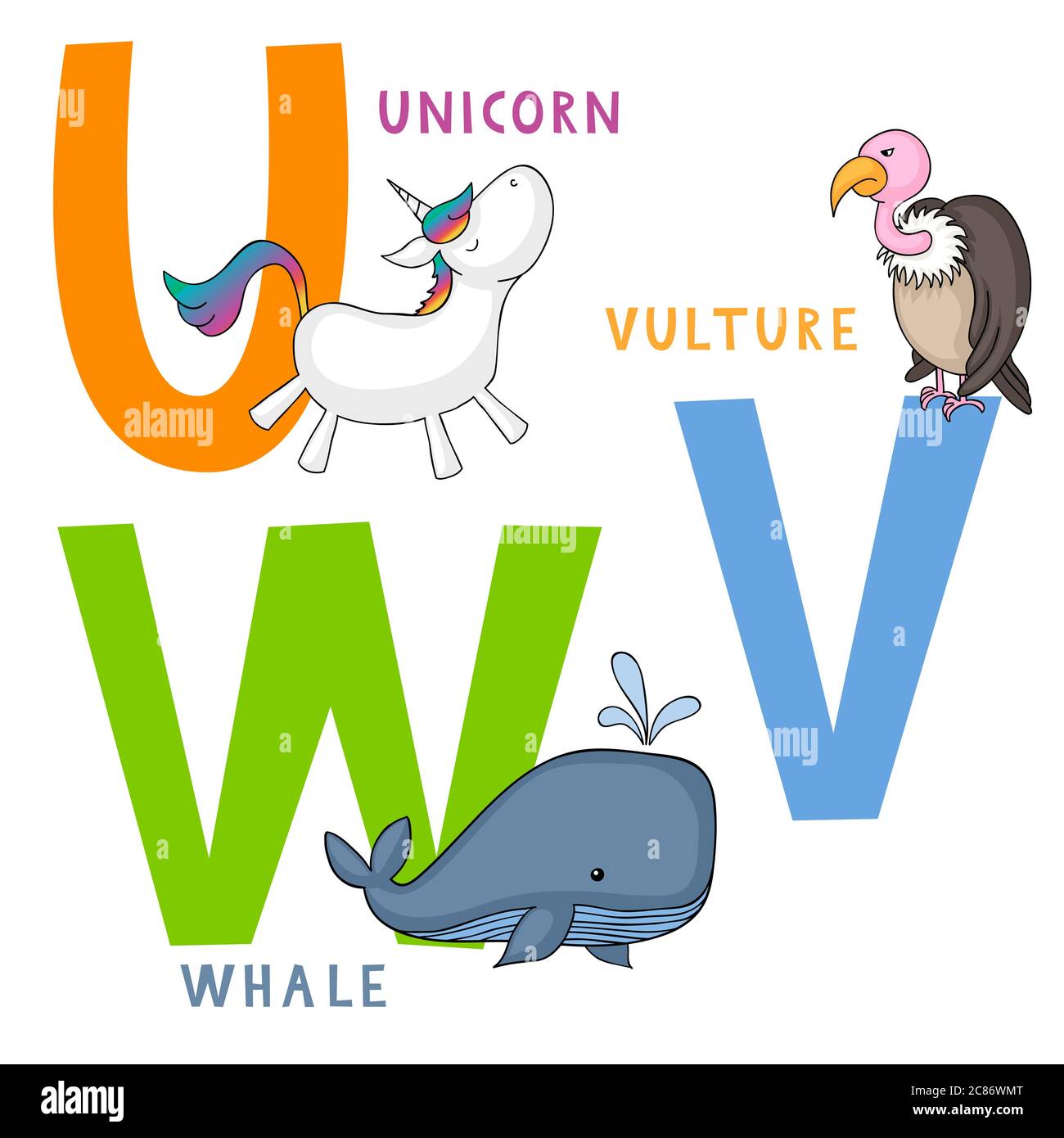 Englisch animal Alphabet U, V und W Buchstaben mit cute cartoon Einhorn, Geier und Wal Stockfoto