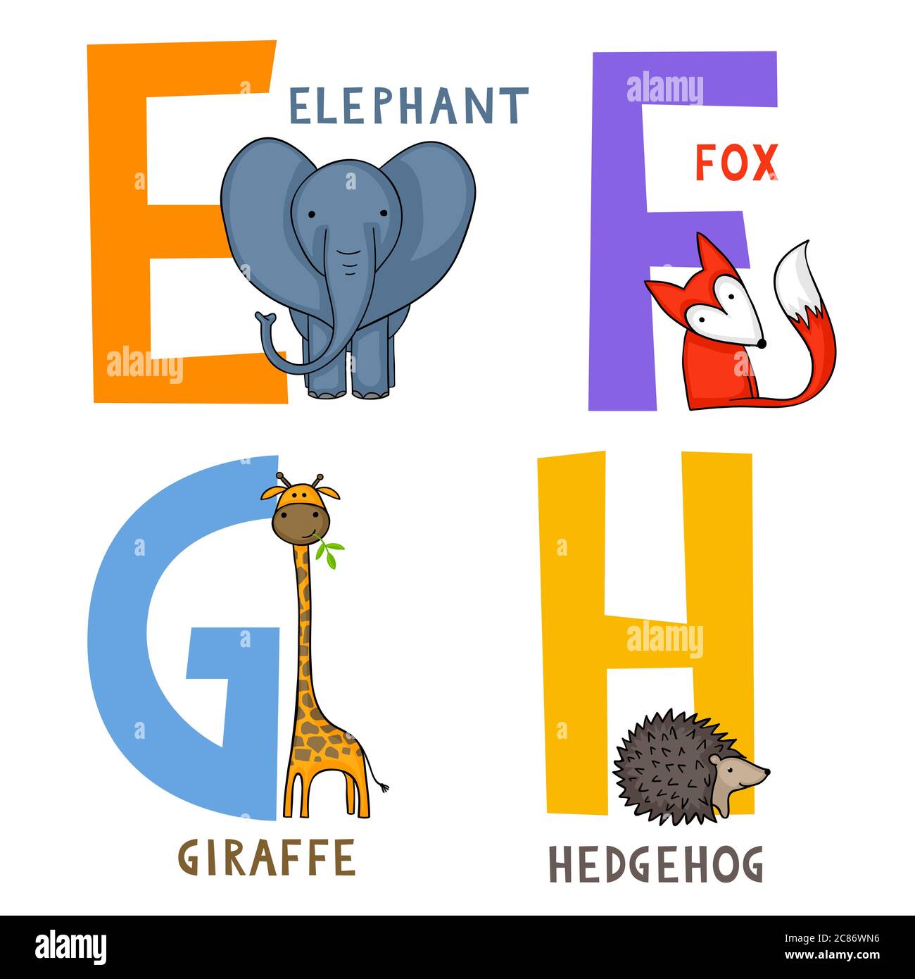 Englisch animal Alphabet E, F, G und H Buchstaben mit cute cartoon Elefant, Fuchs, Giraffe und Igel Stockfoto