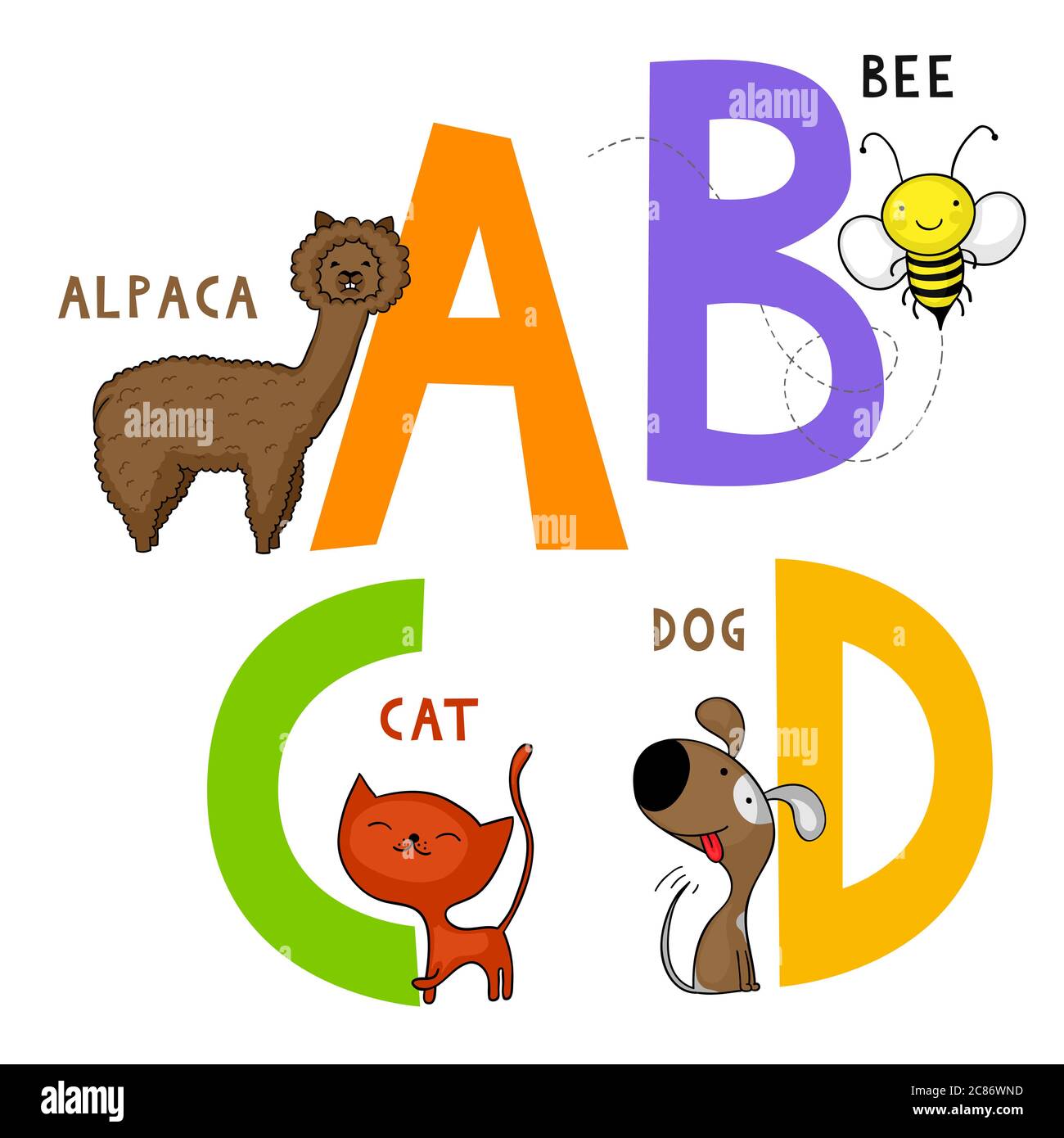 Englisch animal Alphabet A, B, C und D Buchstaben mit cute cartoon Alpaka, Biene, Katze und Hund Stockfoto