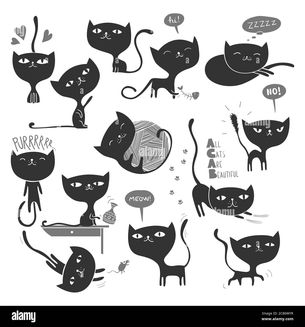 Sammlung von 13 niedliche und verspielte Katzen in verschiedenen Positionen Stockfoto