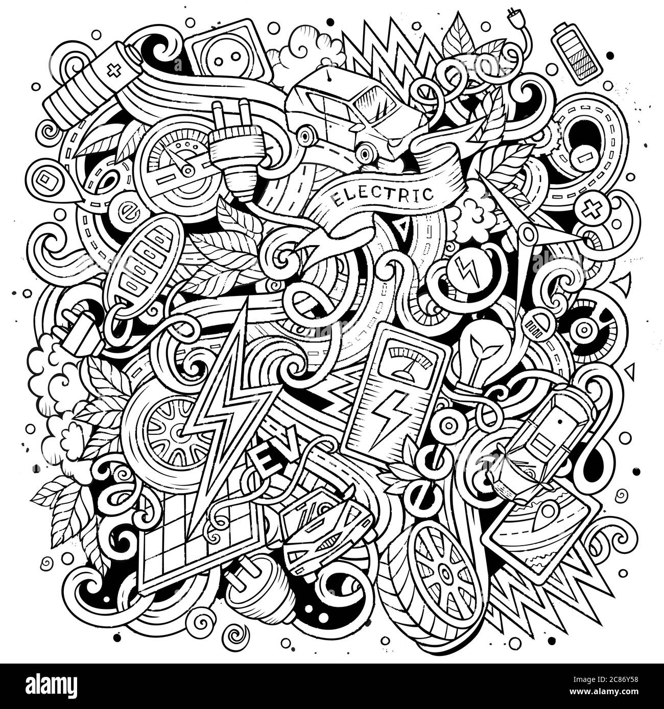 Cartoon Kontur Vektor Doodles Elektroautos Illustration Stock Vektor