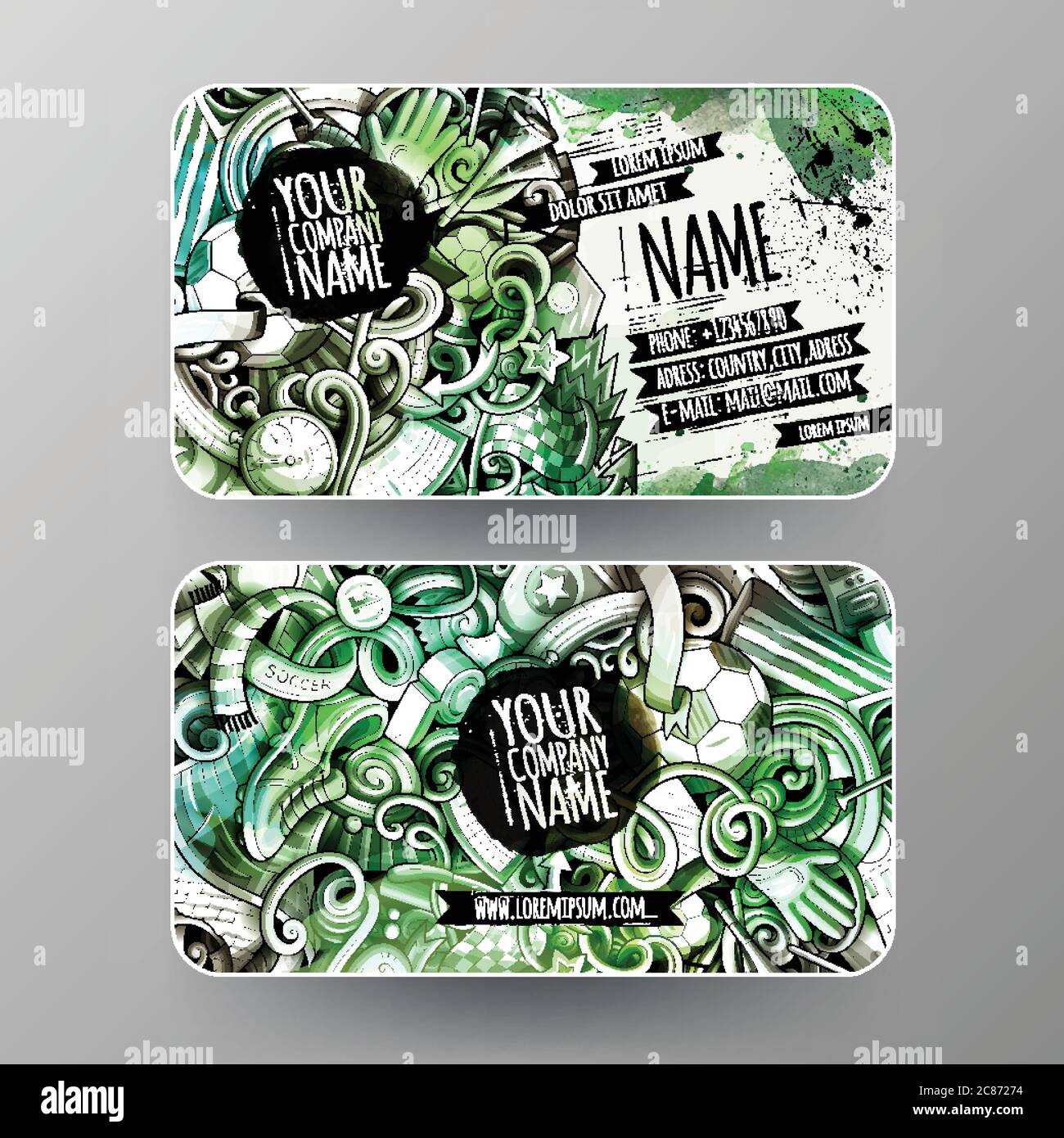 Cartoon Grafik Aquarell Vektor Hand gezeichnet Kritzeleien Fußball id-Karten Design Stock Vektor