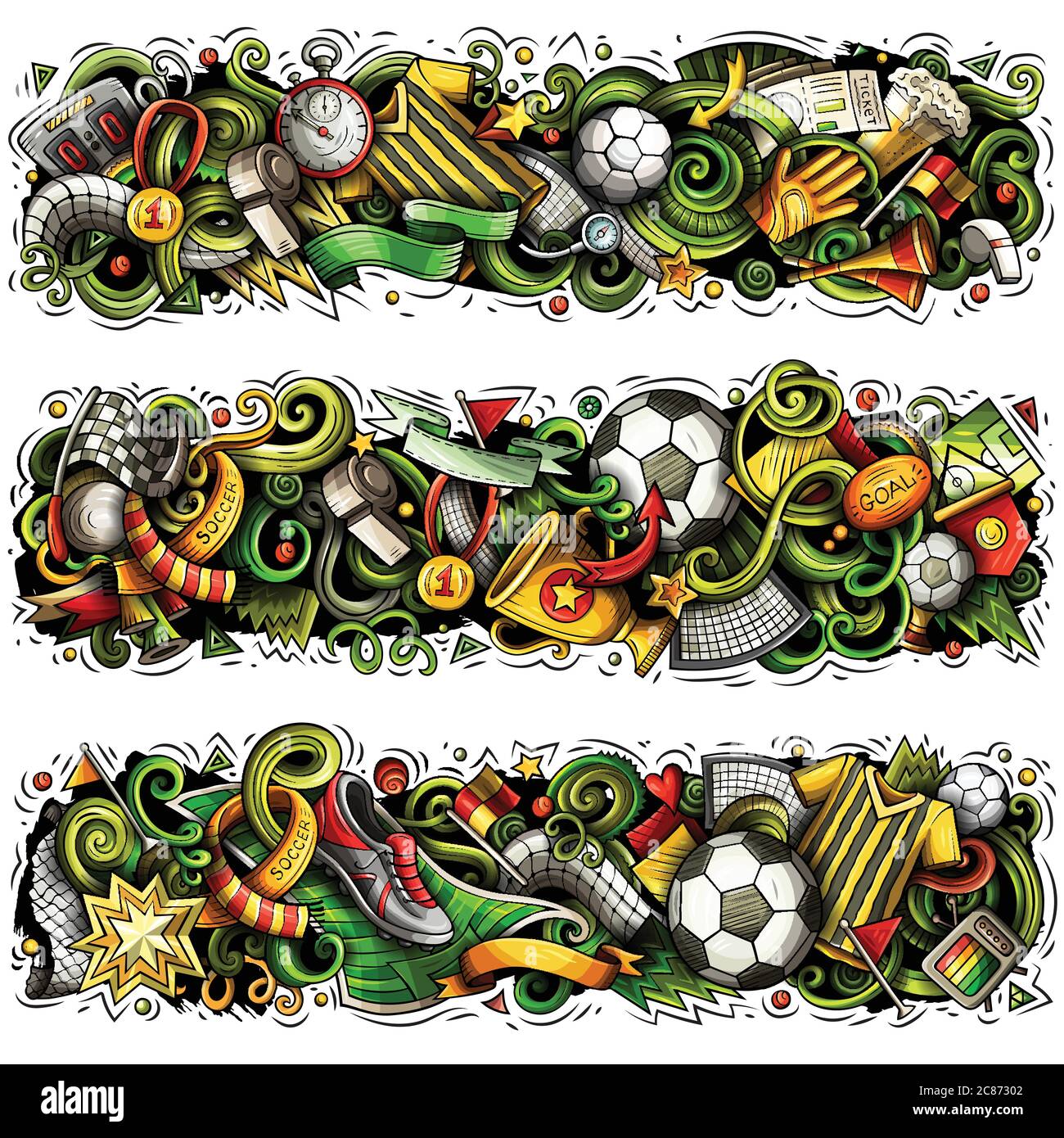 Cartoon Vektor Doodles Fußball Banner Kompositionen Set Stock Vektor