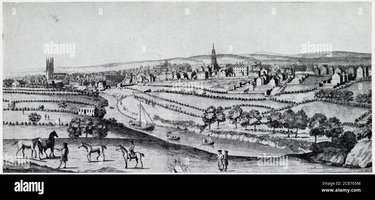 Allgemeine Sicht auf Manchester und Salford, wie sie 1730 waren, bevor die industrielle Revolution den Schwerpunkt von der Landwirtschaft auf Fabriken und Maschinen verlagerte. Stockfoto