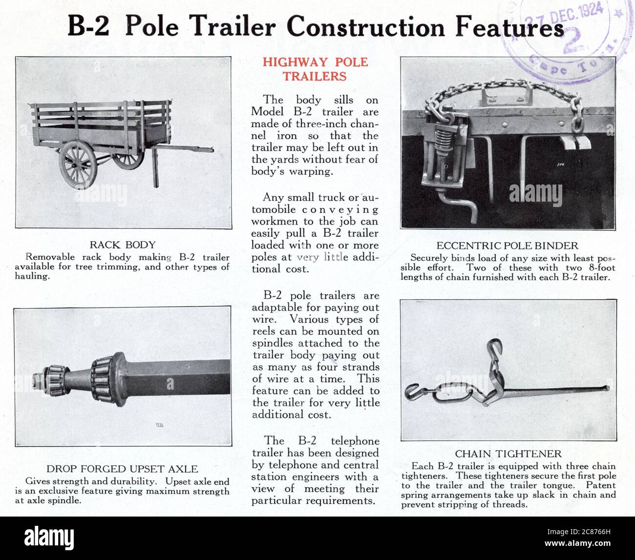 Modell B-2-polige Anhängerkonstruktion Merkmale - Zahnstange, exzentrischer Polbinder, gesenkgeschmiedete Achse, Kettenspanner. Stockfoto