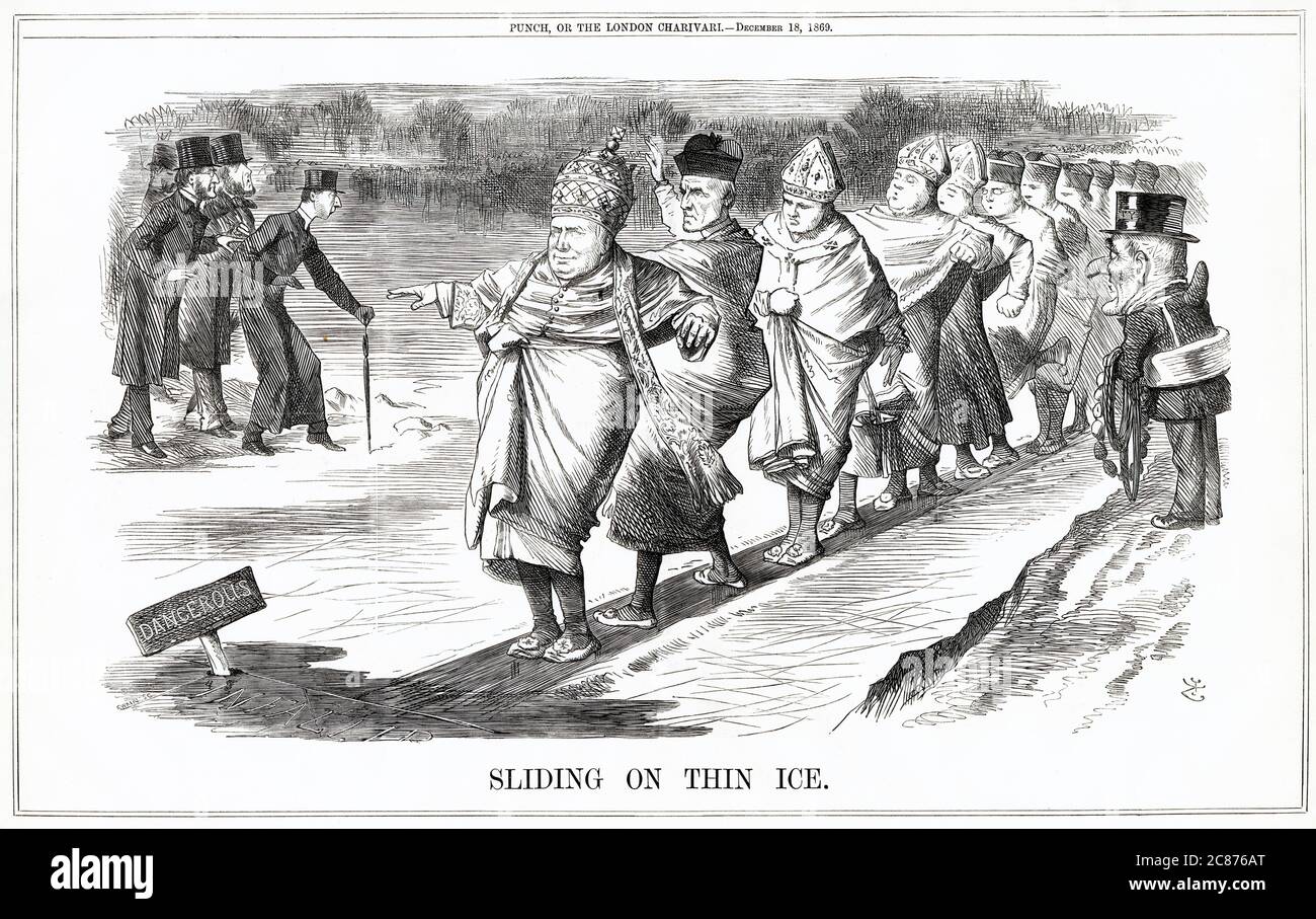 Cartoon, Rutschen auf dünnem Eis (römischer Katholizismus) Stockfoto