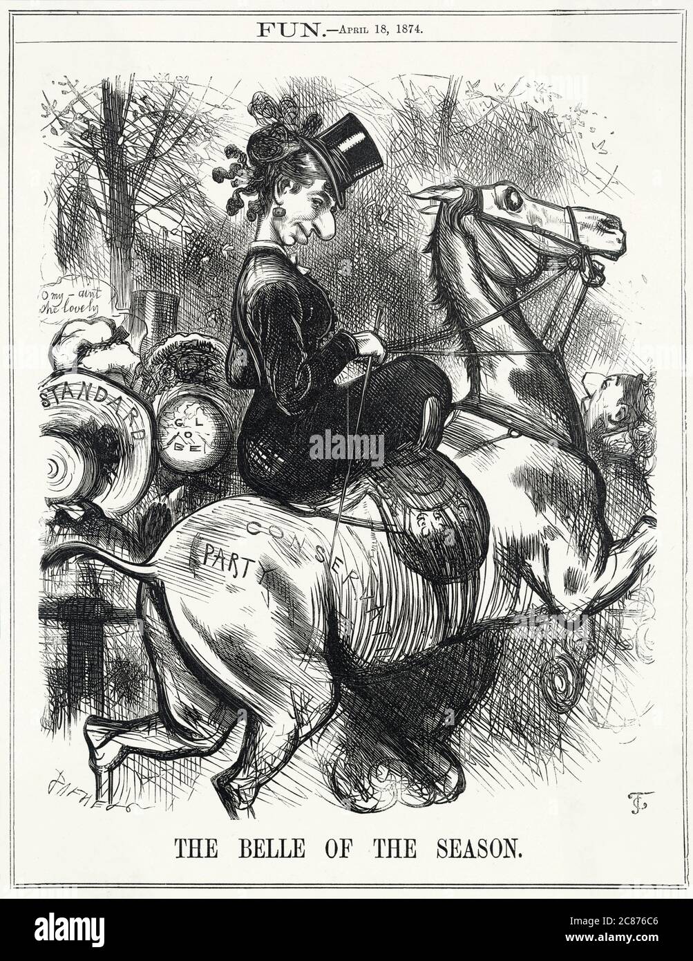 Cartoon, die Belle der Saison -- ein satirischer Kommentar zur Popularität der Konservativen Partei, die die jüngsten Parlamentswahlen gewonnen hat. Benjamin Disraeli erscheint als Debütant auf dem Pferd, lächelt den Betrachter kosch an, mit Figuren auf der linken Seite, die die Standard und Globe Zeitungen repräsentieren. Datum: 1874 Stockfoto