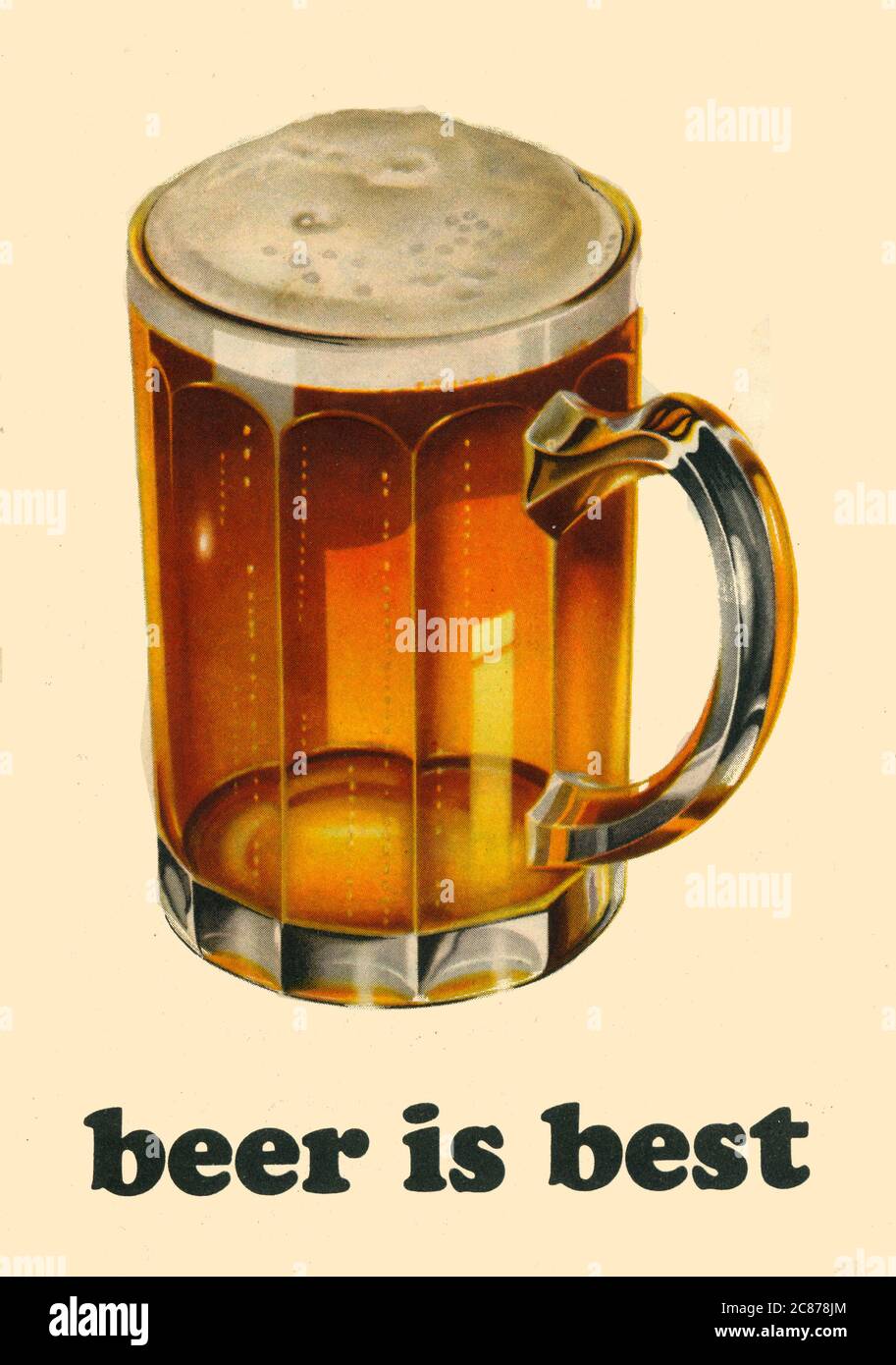 Bier ist das Beste. Rückseite einer Broschüre, die Teil der Marketingkampagne der Brewer's Society in den 1930er Jahren war und eine Illustration eines kühlen, erfrischenden Glasbehälters mit Bier enthält. Stockfoto