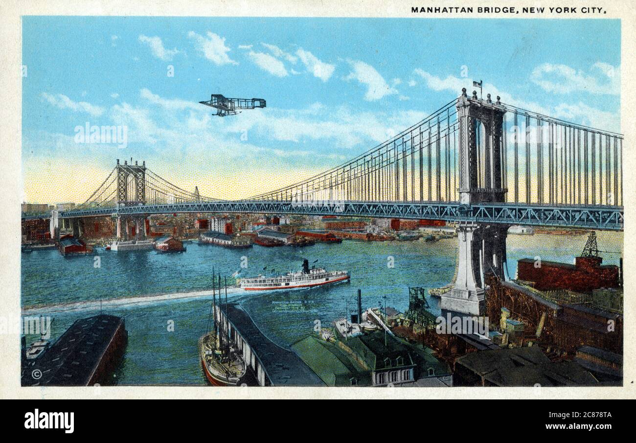 Manhattan Bridge, New York City, NY, USA. Eine Hängebrücke, die den East River in New York City überquert und Lower Manhattan an der Canal Street mit Downtown Brooklyn an der Flatbush Avenue Extension verbindet - 1909 für den Verkehr geöffnet. Stockfoto