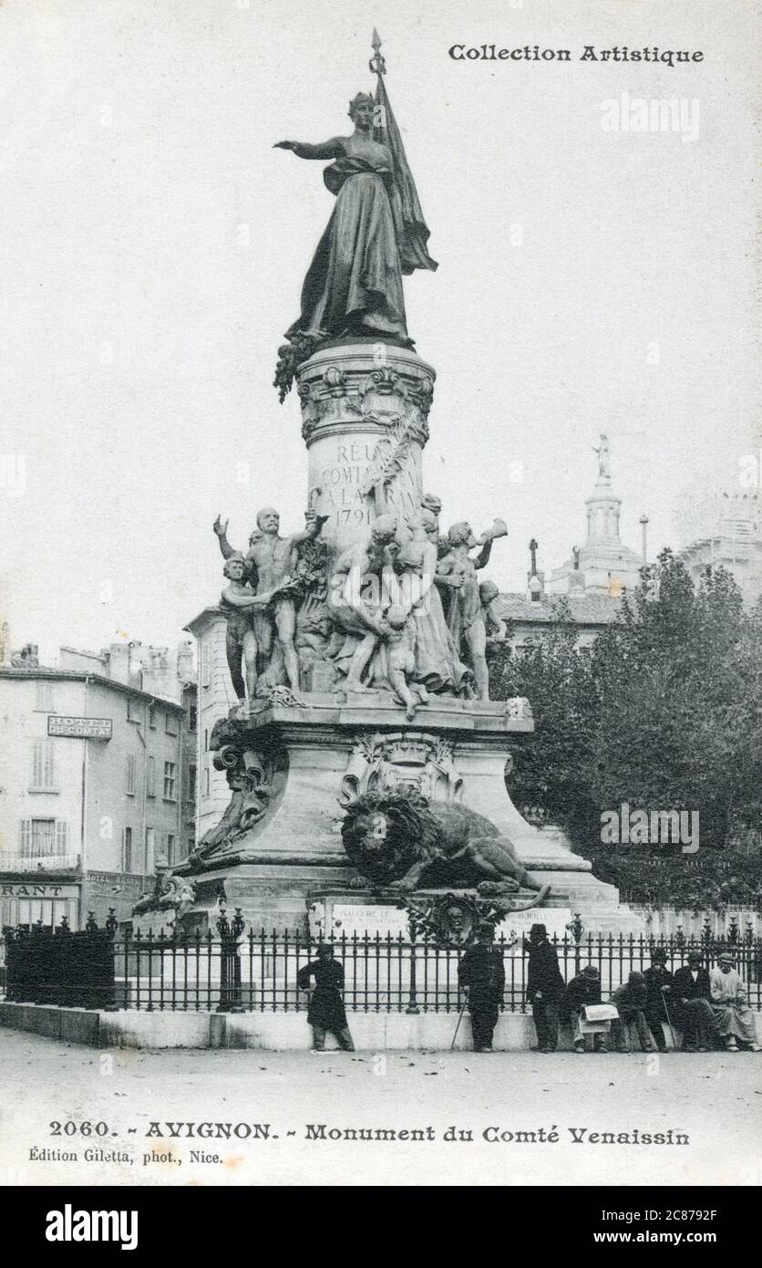 Avignon, Frankreich - Denkmal anlässlich der hundertjährigen Annexion von Avignon und Comtat Venaissin in Frankreich. Die Comtat Venaissin gehörte zu den päpstlichen Staaten (1274&#8210;1791) in der heutigen französischen Region Provence-Alpes-Cote d'Azur. Stockfoto