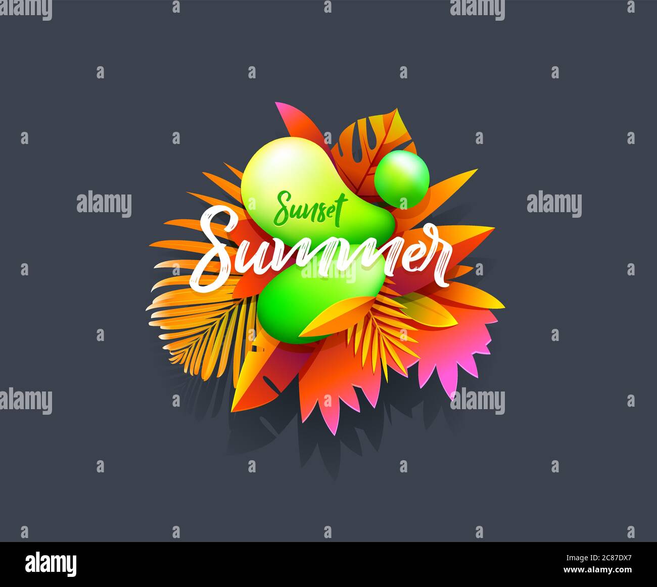 Sommer Aufkleber, tropische Banner Vorlage. Flüssige abstrakte Blase mit tropischen Blumen, floralen und geometrischen Elementen. Vektor für soziale Medien geeignet Stock Vektor