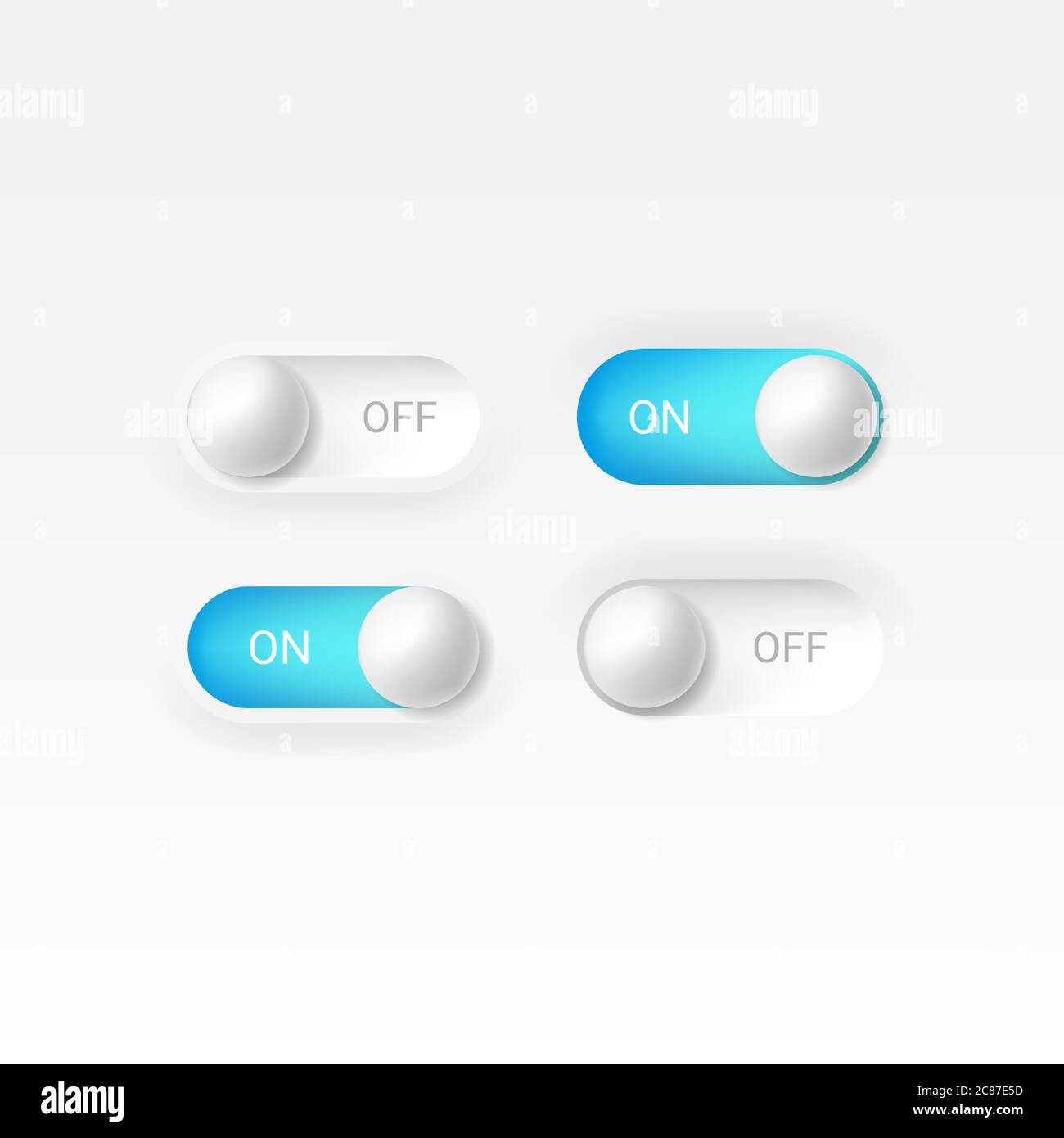 Bearbeitbarer Neomorphismus ein aus runde Form Power Blue Button Set. Slider für Website, mobile Menü, Navigation und Anwendung. Realistisches Vektordesign Stock Vektor