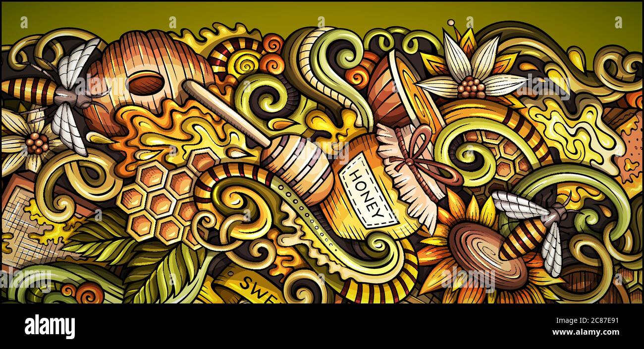 Honig handgezeichnete Doodle Banner. Cartoon detaillierter Flyer. Stock Vektor
