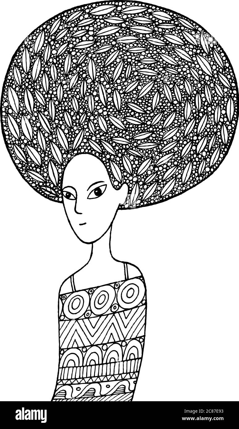 Afrikanische Mädchen Malvorlagen in boho Mode Stil. Hand gezeichnet Vektor zentangle Illustration für Erwachsene und Kinder Märchen Malbuch. Stock Vektor