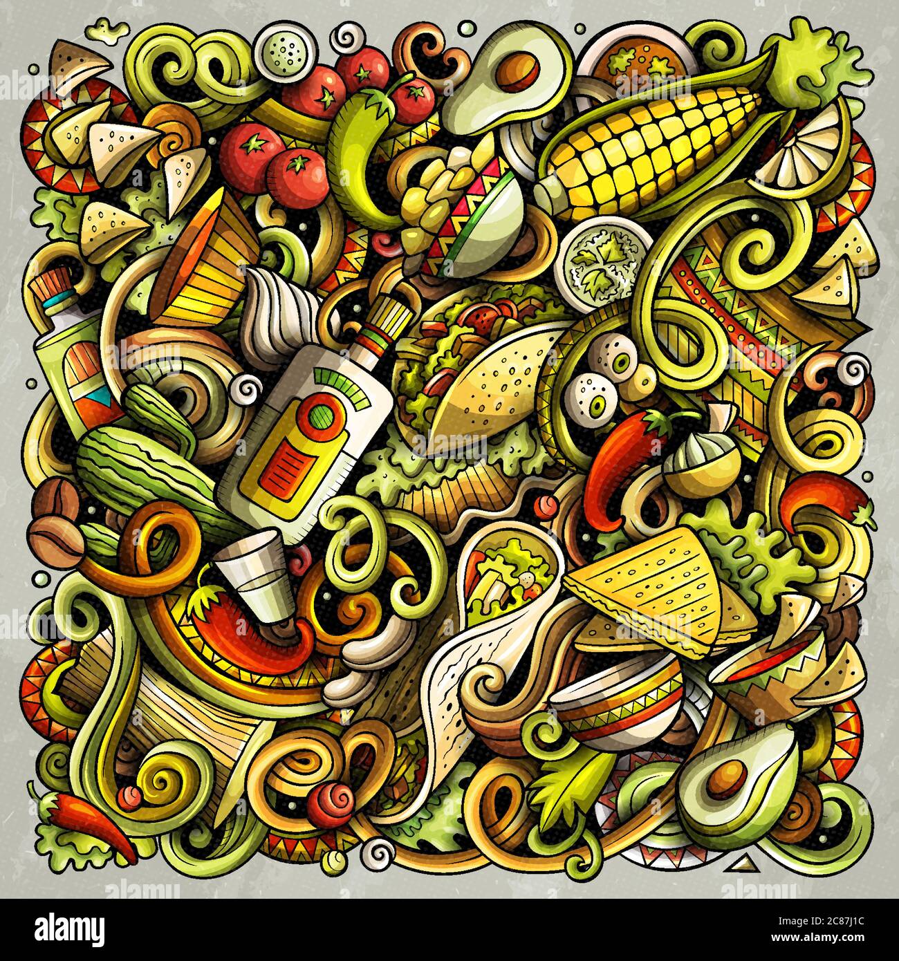 Mexikanische Lebensmittel handgezeichnete Vektor-Doodles Illustration. Kuche Poster Design. Stock Vektor