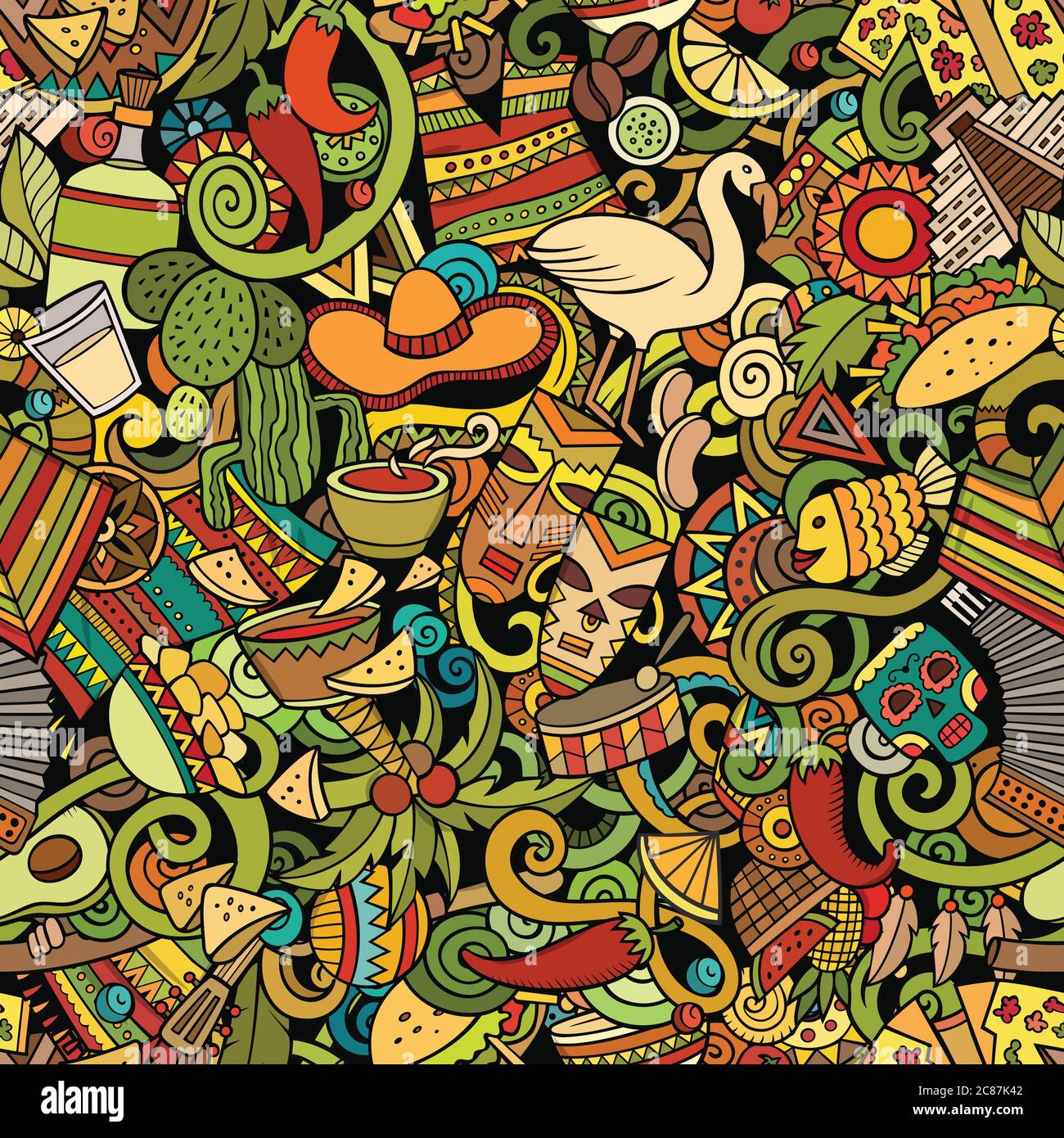 Cartoon niedliche Kritzeleien Lateinamerika nahtlose Muster Stock Vektor