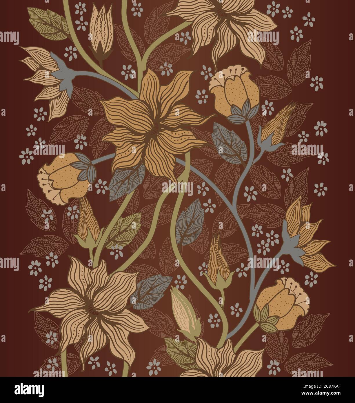 Vertikale nahtlose bunte Blumenmuster in Doodle-Stil mit Blumen. Blätter und Vögel. Vektor Stock Vektor