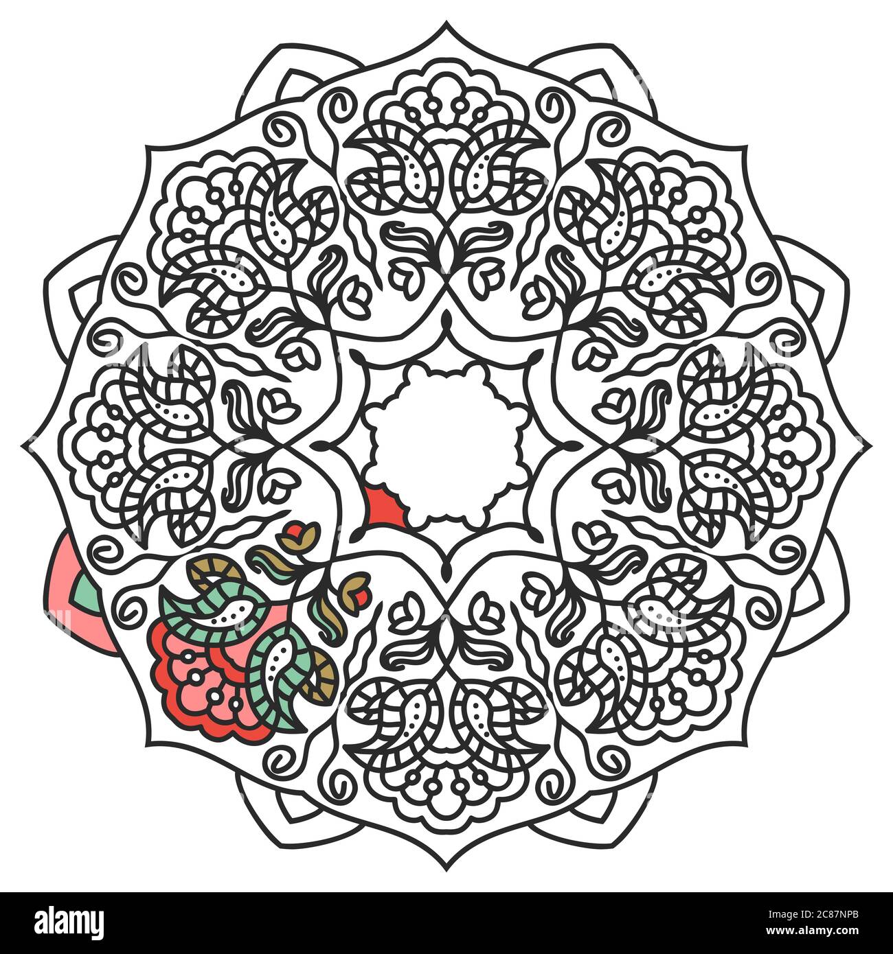 Handgezeichnetes Mandala mit Blumenmuster. Malbuch Seite. Anti-Stress-Therapie-Muster. Vektor abstrakt rund floralen Ornament in schwarz und weiß Stock Vektor