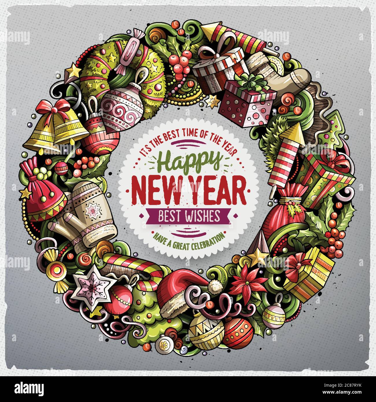 Cartoon Vektor Kritzeleien Neujahr runde Rahmen Design Stock Vektor