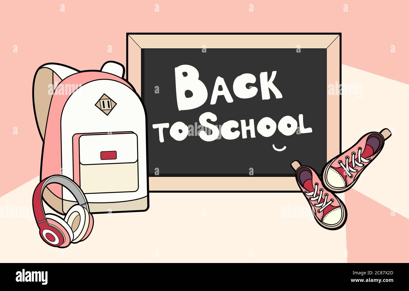 Zurück zur Schule Schriftzug Vektor Illustration. Rucksack, Tafel, Turnschuhe und Kopfhörer Vektor isoliert Set. Stock Vektor