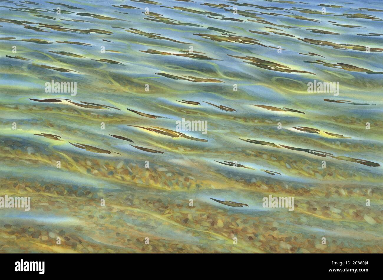 Sonnige Wasser mit transparenten Wellen Aquarell Hintergrund Stockfoto