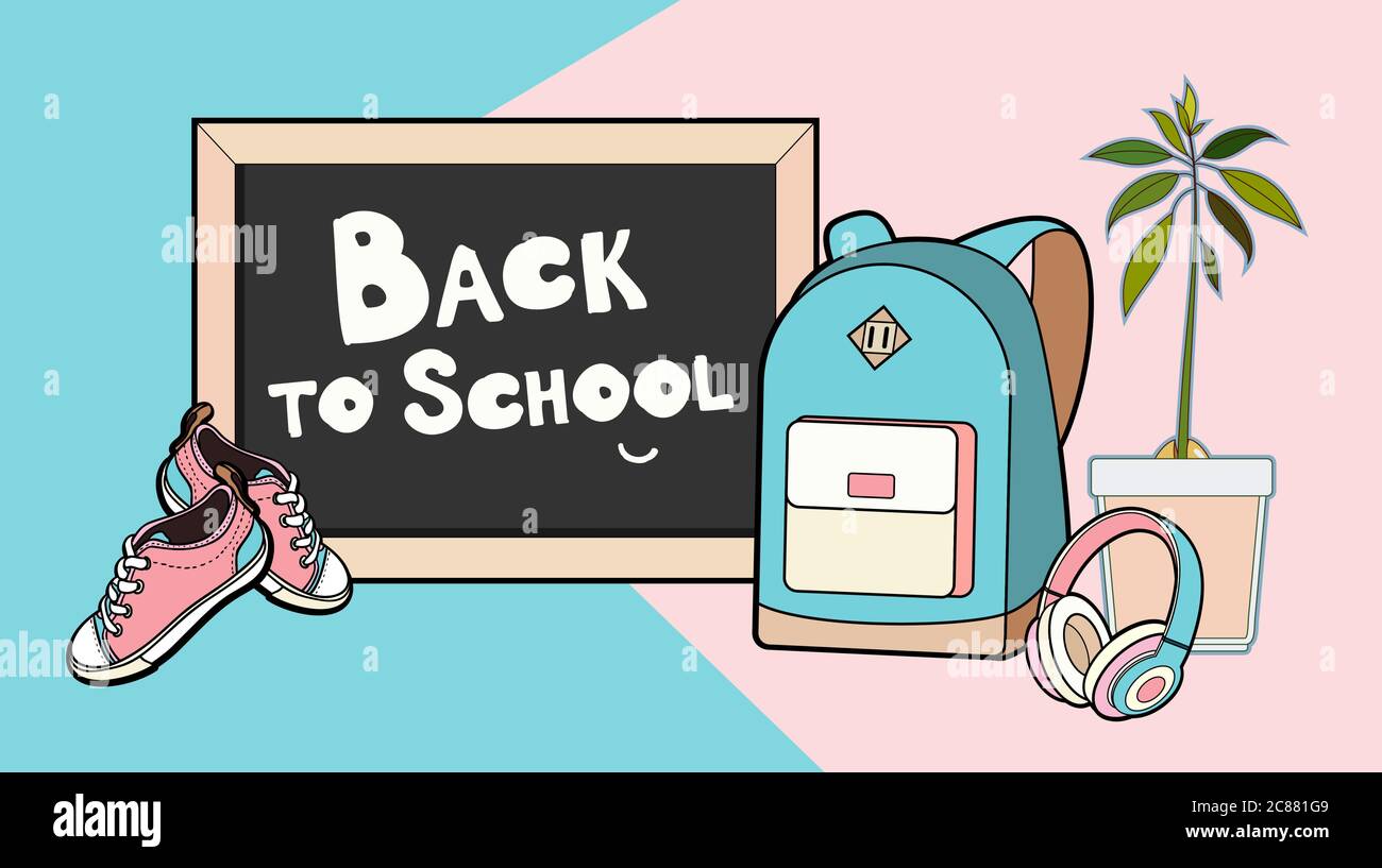 Zurück zur Schule Schriftzug Vektor Illustration. Rucksack, Tafel, Turnschuhe und Kopfhörer Vektor isoliert Set. Stock Vektor