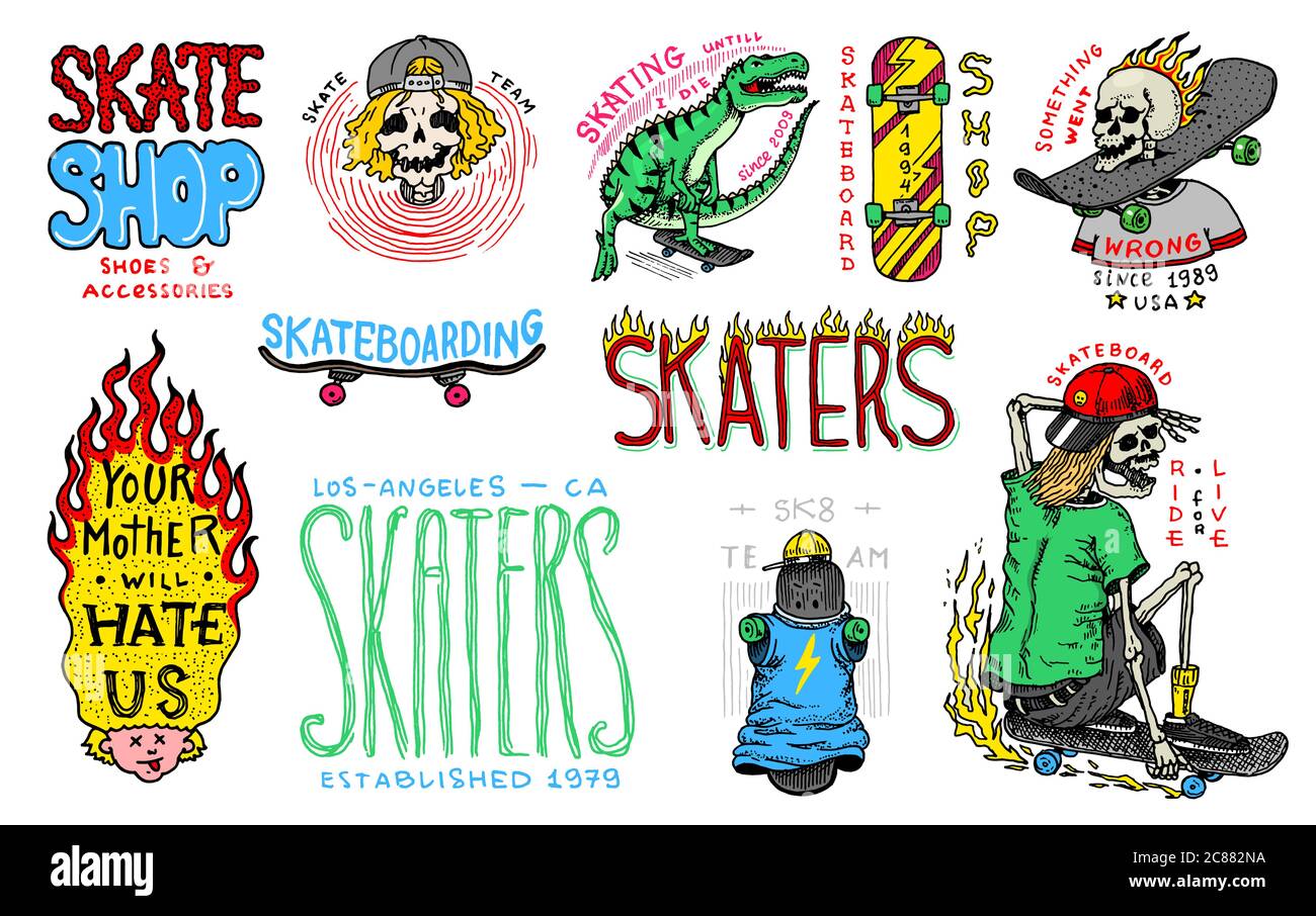 Skateboard Shop Badges und Logo Set. Vintage Retro Vorlagen für T-Shirts und Typografie. Straße Dinosaurier und Skelette fahren auf dem Brett Konzept Stock Vektor