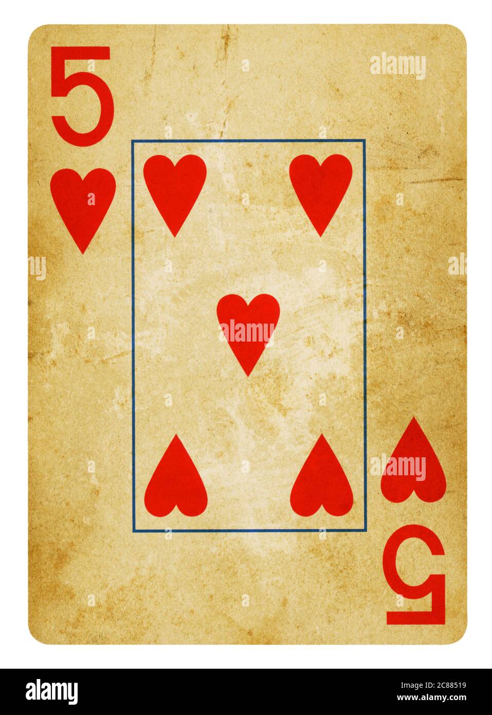 Fünf der Herzen Vintage Playing Card - isoliert auf weißem (clipping path enthalten) Stockfoto