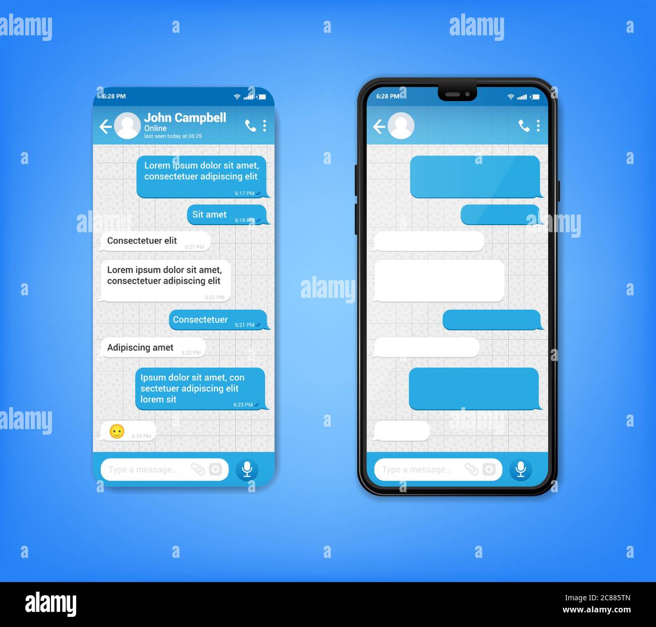 UI UX Phone Chat bot blaue Schnittstelle. SMS-Nachricht Mobiltelefon. SMS-Nachrichten bubles in mobile Anwendung auf einem Smartphone, Vektor Stock Vektor