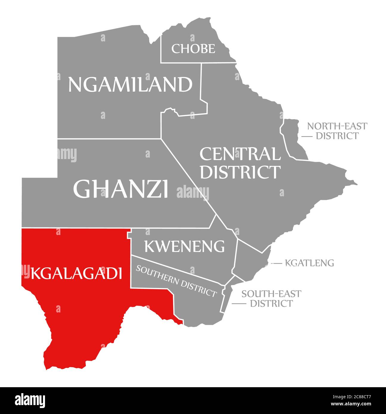 Kgalagadi rot in der Karte von Botswana hervorgehoben Stockfoto