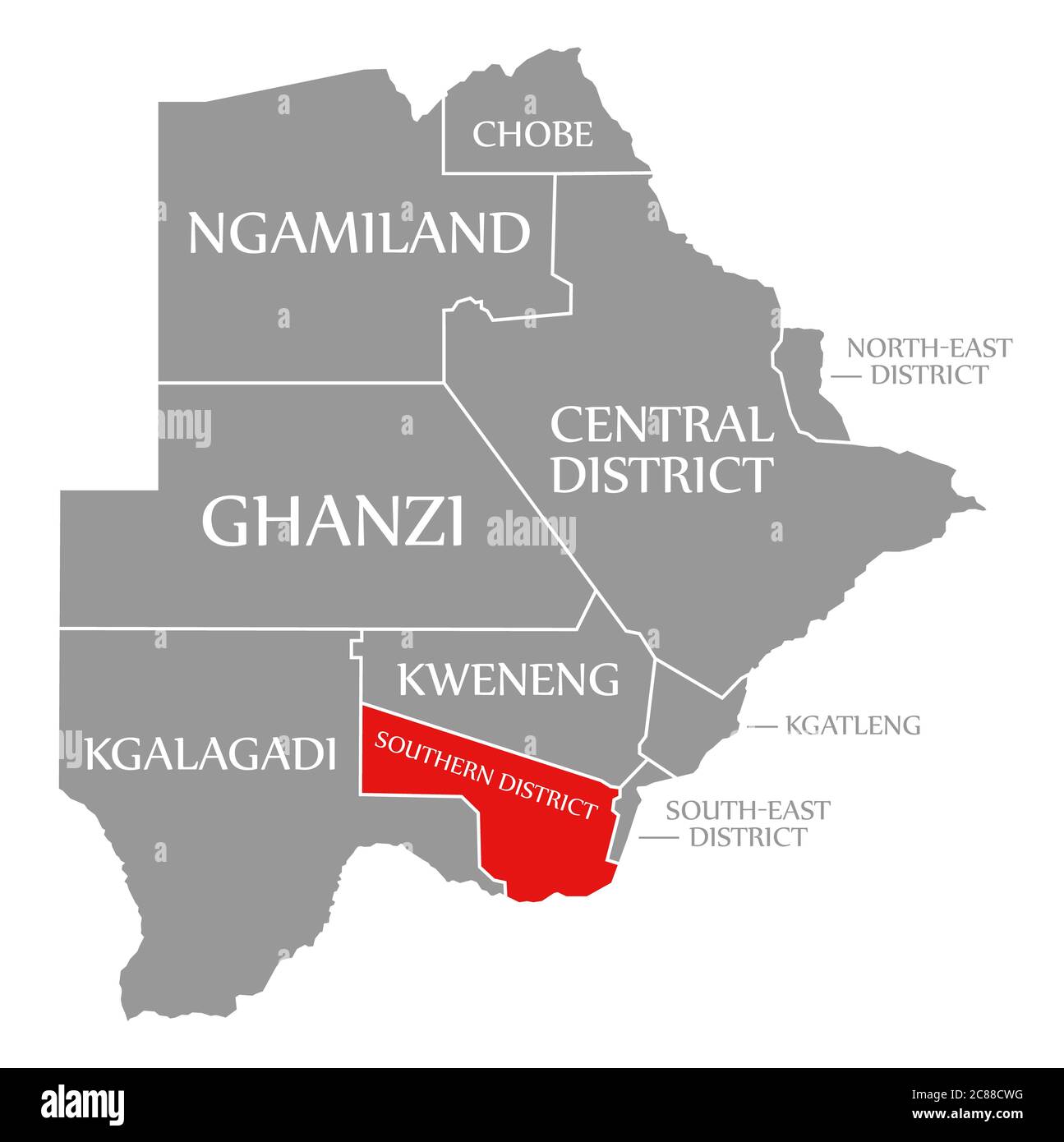 Southern District rot hervorgehoben in der Karte von Botswana Stockfoto