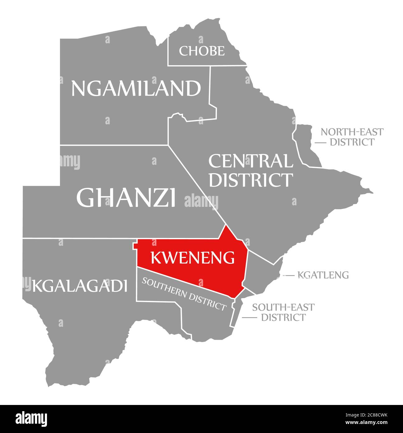 Kweneng rot in der Karte von Botswana hervorgehoben Stockfoto