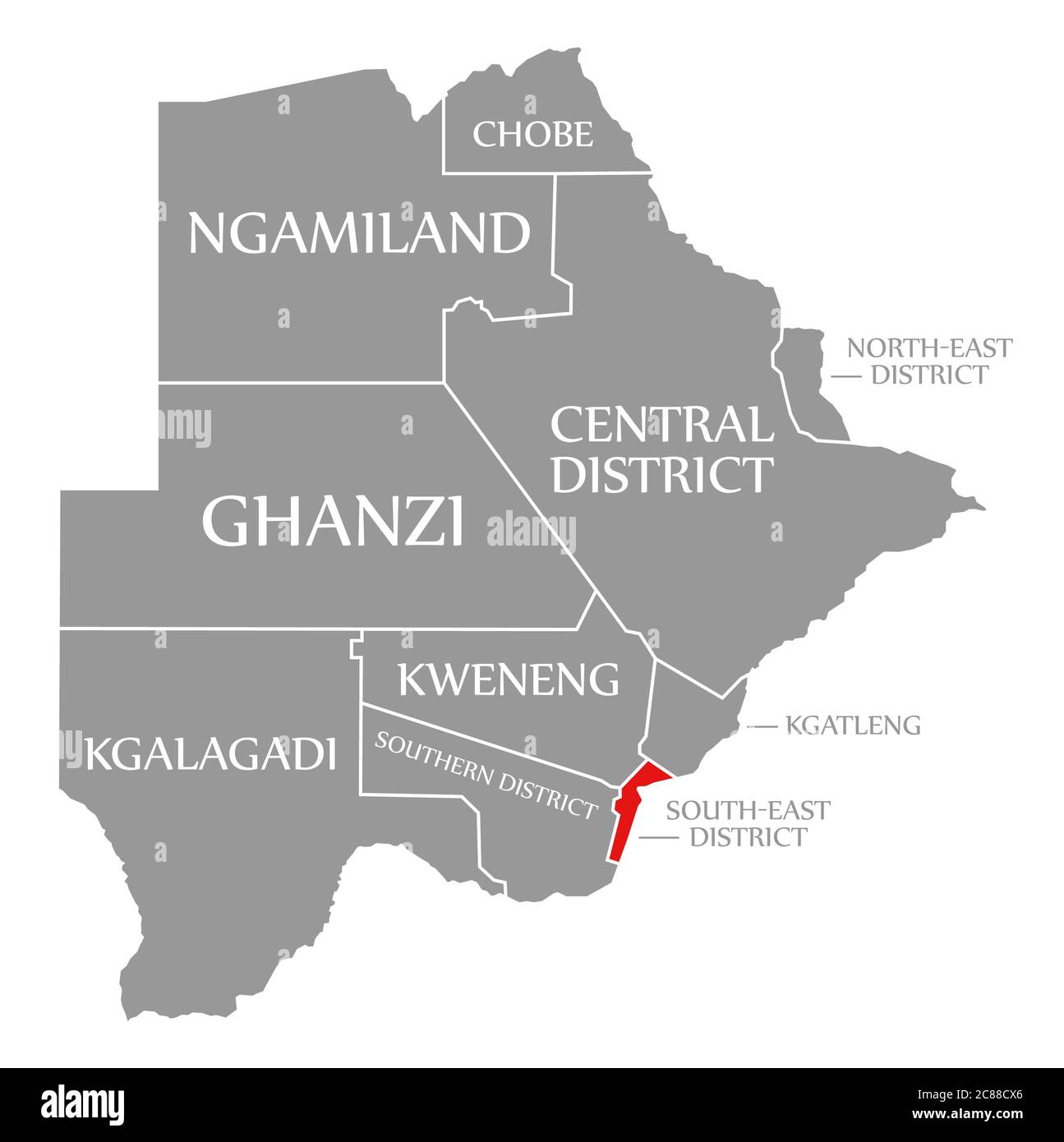 South East District rot hervorgehoben in der Karte von Botswana Stockfoto