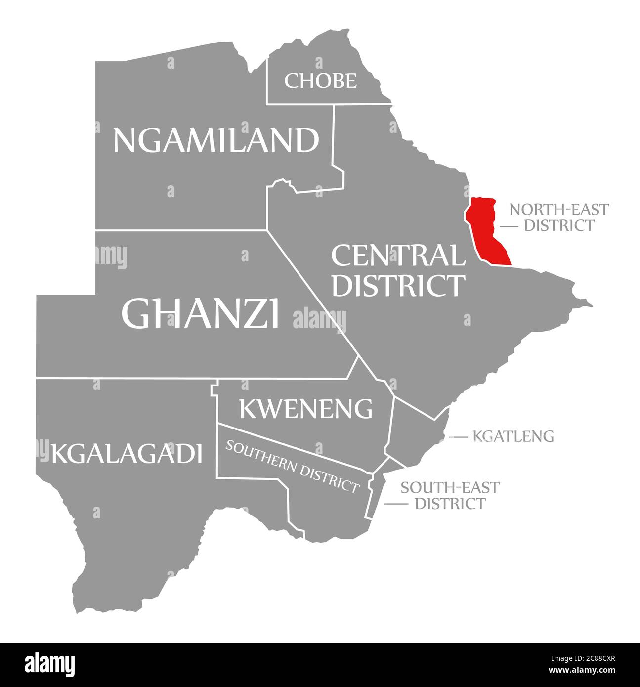 North East District rot hervorgehoben in der Karte von Botswana Stockfoto