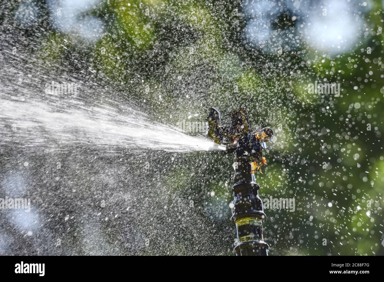Überall Wassertröpfchen auf diesem Foto eines Regners, der an einem warmen Sommermorgen in England aufgenommen wurde Stockfoto