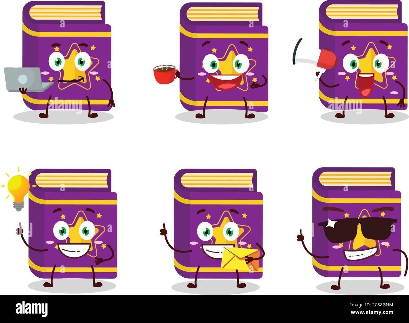 Magic Buch Cartoon Charakter mit verschiedenen Arten von Business Emoticons Stock Vektor