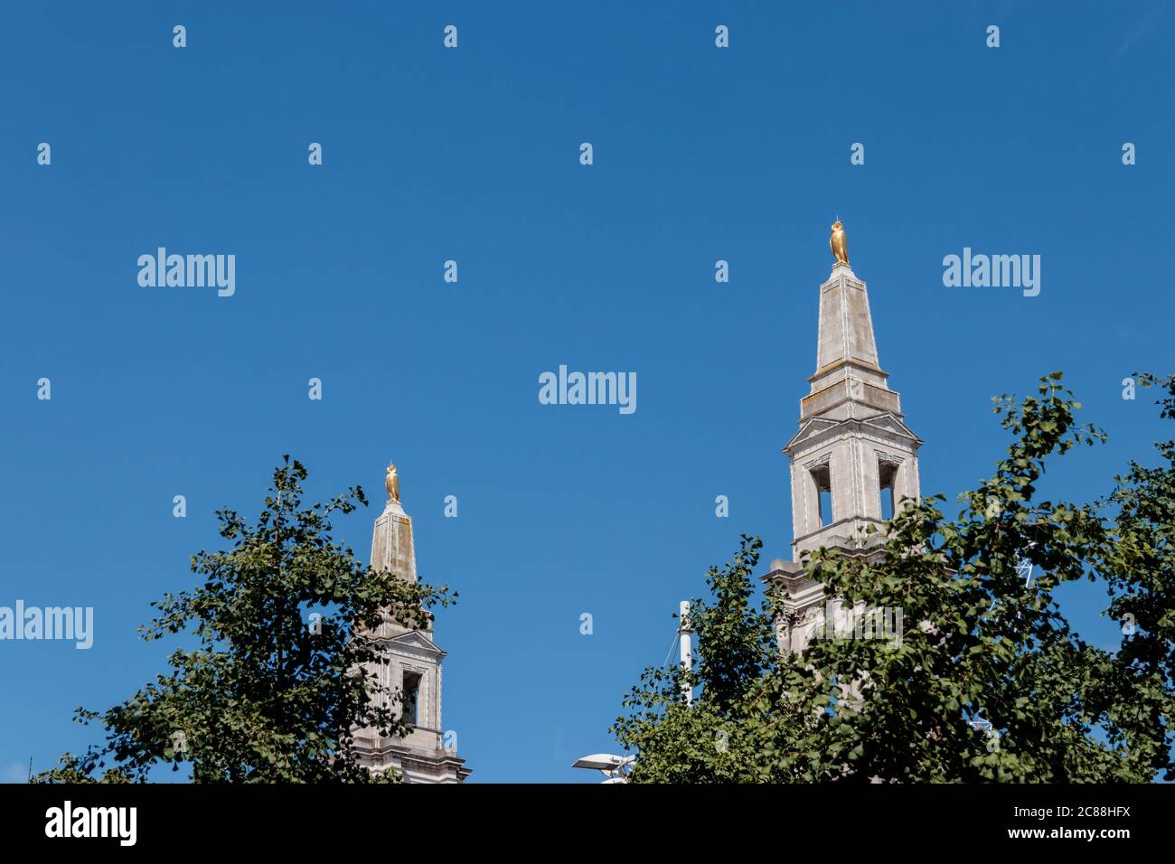 Blick auf die goldene Eulenstatue vor der Civic Hall, Leeds Stockfoto