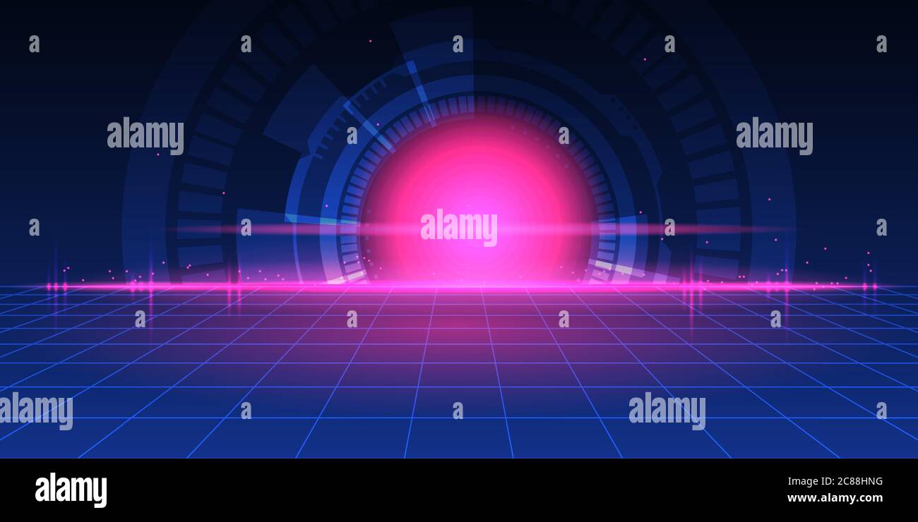 Abstrakt futuristischer Technologie Hintergrund mit perspektivischem Raster, Hi-Tech-Stil Kreis und rot glühenden Effekt. Stock Vektor