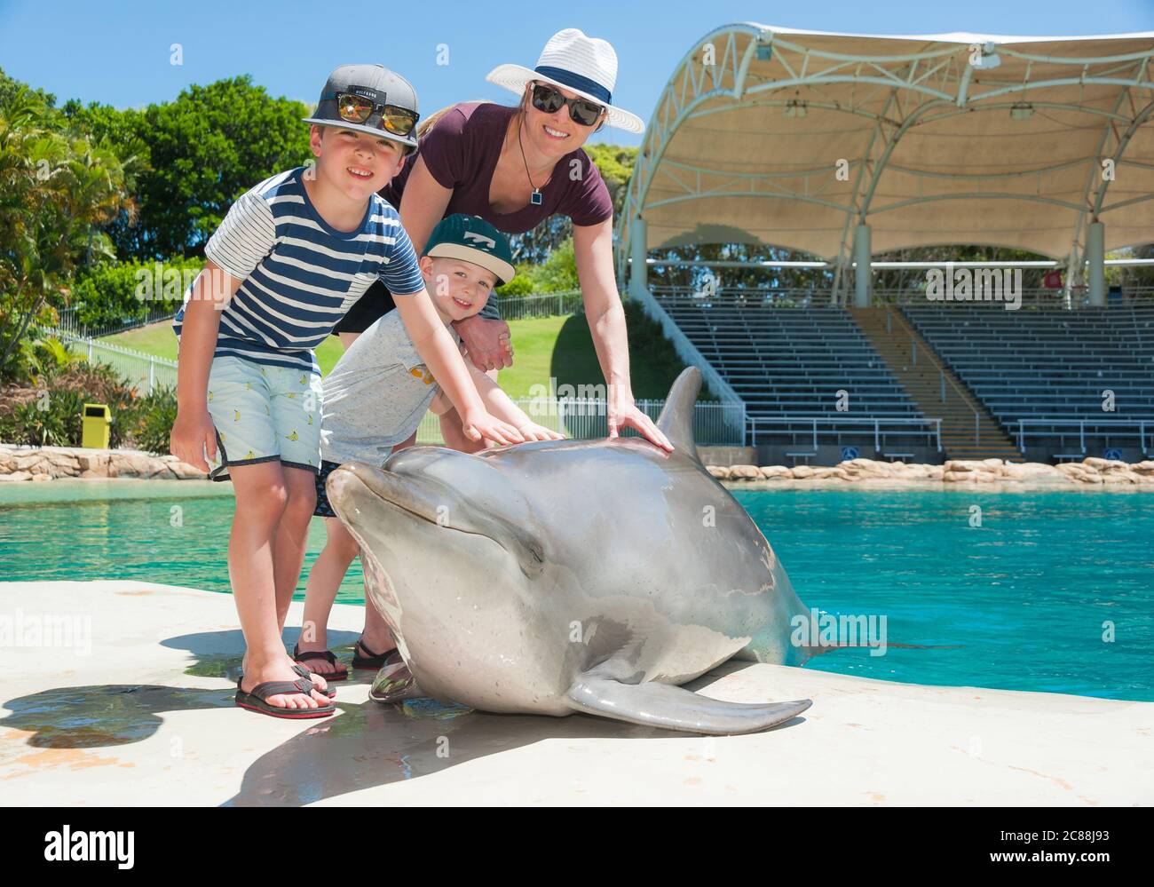 Delfin wird von einer Touristenfamilie am Pool der Delfinshow in Sea World an der Gold Coast, Queensland Australien, gepatzt. Stockfoto