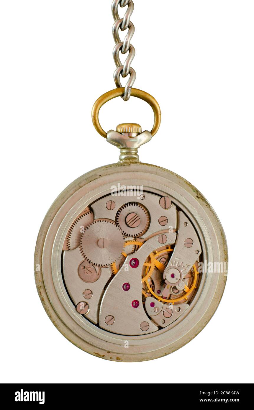 Mechanismus der alten Taschenuhr auf der Kette Stockfoto