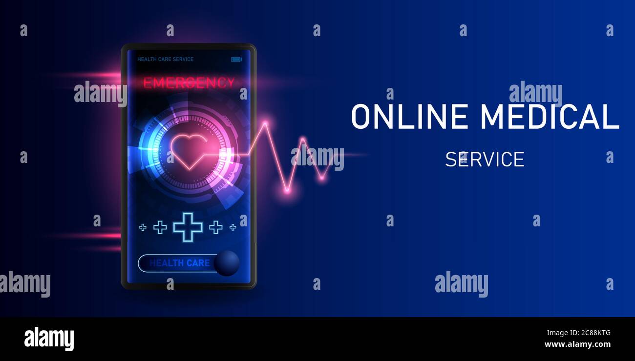 Konzept Online-Medical Service-Anwendung auf Smartphone Vektordarstellung mit Kopierplatz für Text und Nachricht auf der rechten Seite. Stock Vektor