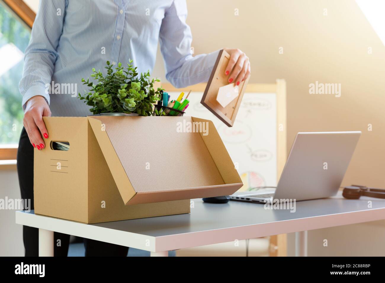 Schöne Geschäftsfrau mit einer Kiste Bürosachen. Neue Arbeitsförderung oder Verlassen des Arbeitskonzepts. Stockfoto