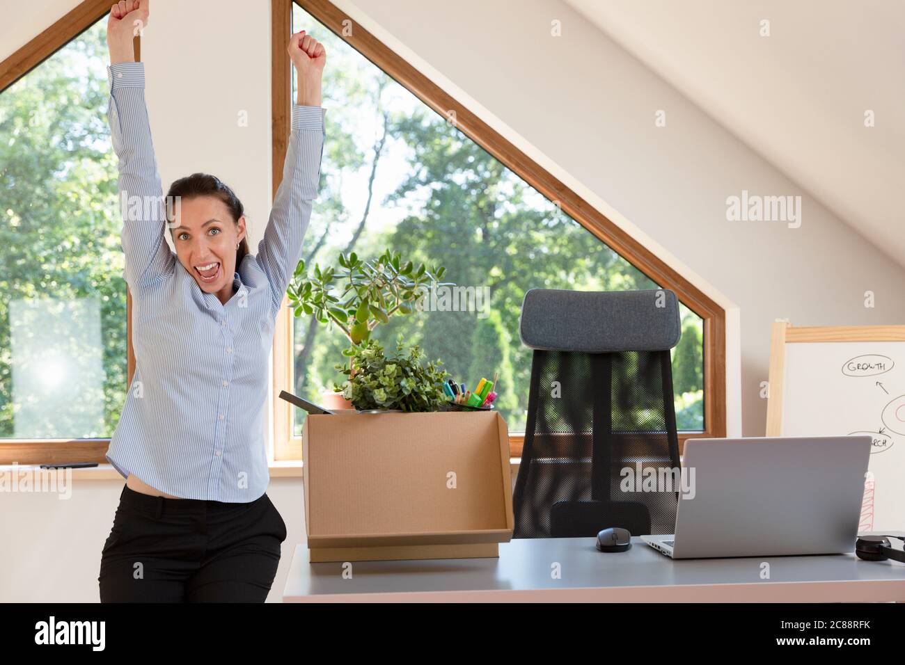 Schöne Geschäftsfrau mit einer Kiste Bürosachen. Neue Arbeitsförderung oder Verlassen des Arbeitskonzepts. Stockfoto