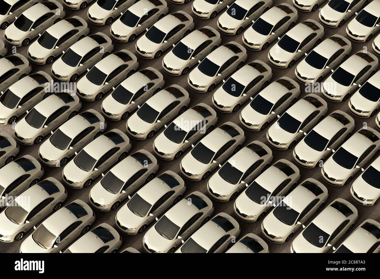 3D-Rendering von vielen weißen generischen Limousine Autos in einem Händler geparkt. Stockfoto