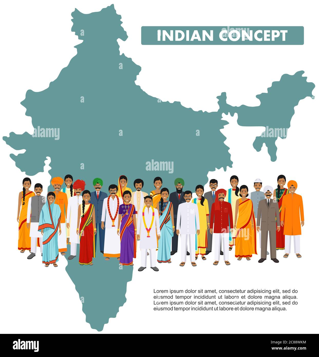 Familien- und Sozialkonzept. Gruppe indische junge Menschen zusammen stehen in verschiedenen traditionellen nationalen Kleidung auf Hintergrund mit Karte von Indien in Stock Vektor