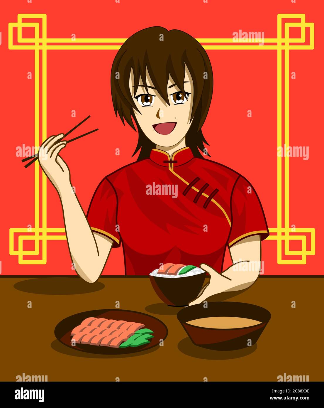 Eine Chinesin isst Reis mit Essstäbchen am Esstisch mit Beilagen. Illustration von rotem Hintergrund und Muster im chinesischen Stil. Stock Vektor