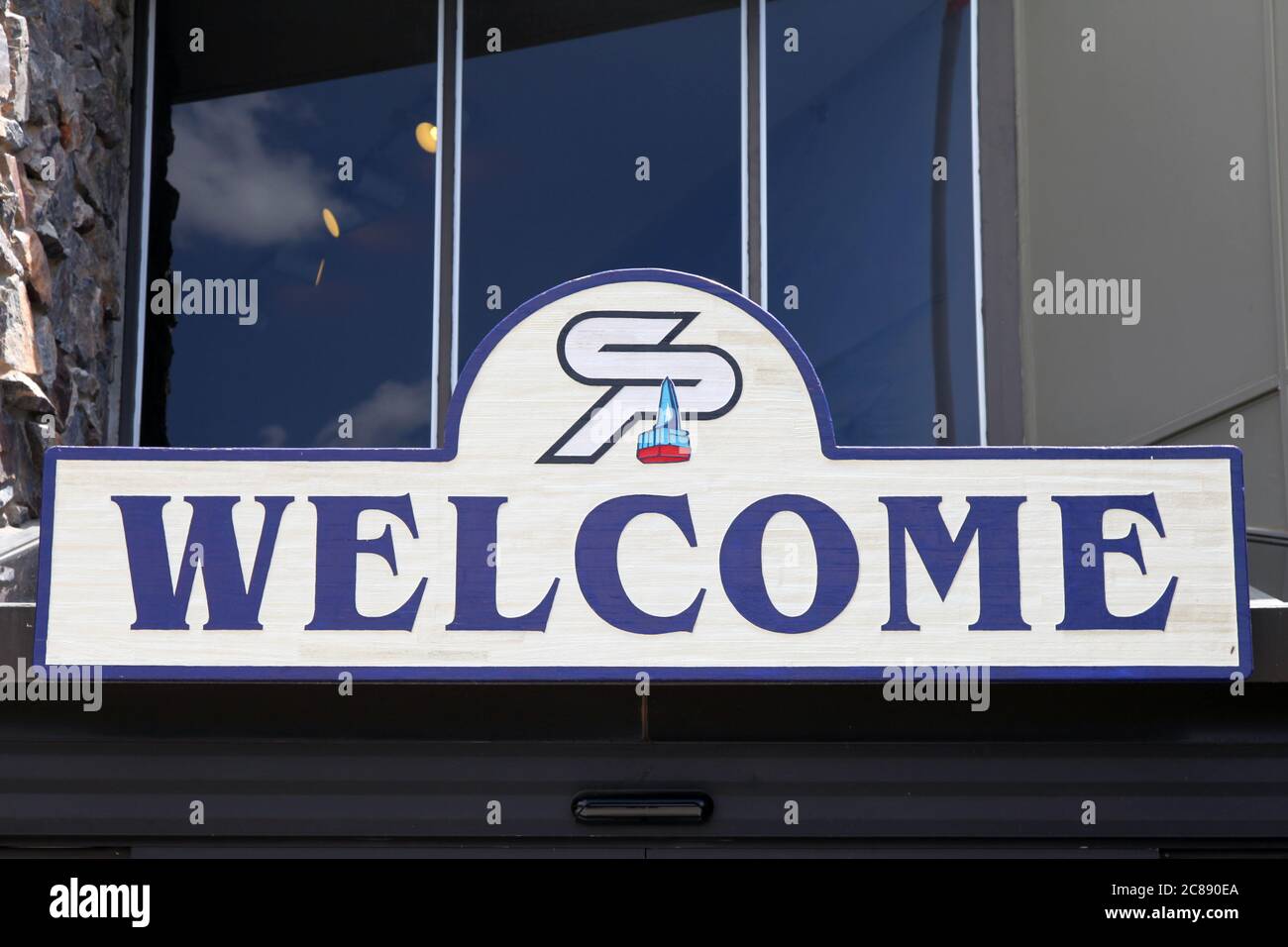 Sandia Peak Tramway Eingangsschild, Albuquerque, New Mexico, USA, 2015 Stockfoto