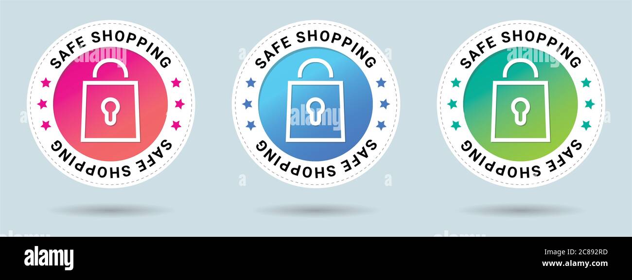 Safe Shopping Stempel Vektorgrafik. Symbol für Vektorzertifikat. Set mit 3 schönen Farbverläufen. Vektor-Kombination für Zertifikat in flacher Ausführung. Stock Vektor