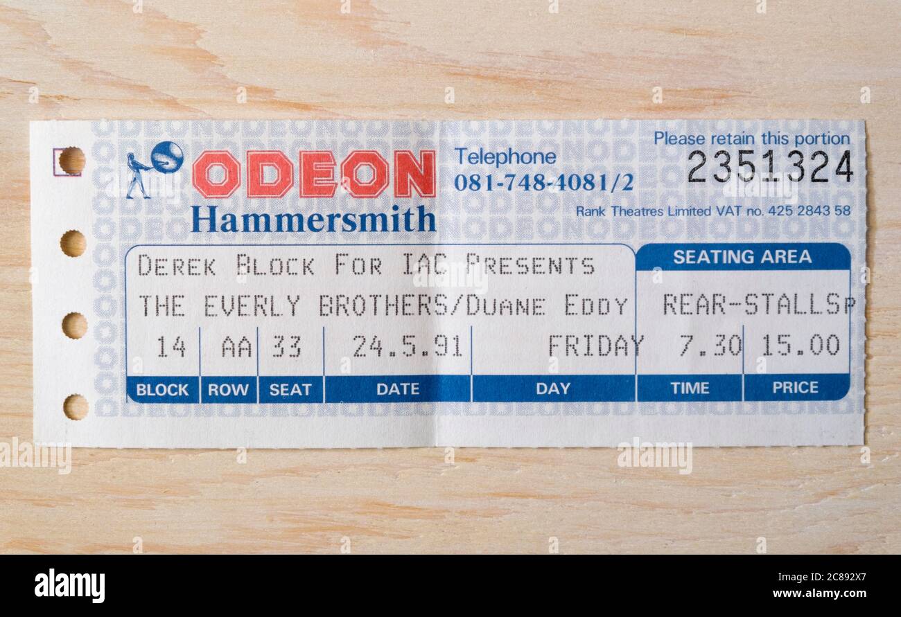 Konzertticket Stub für die Everly Brothers 1991 im Hammersmith Odeon, London, UK Stockfoto