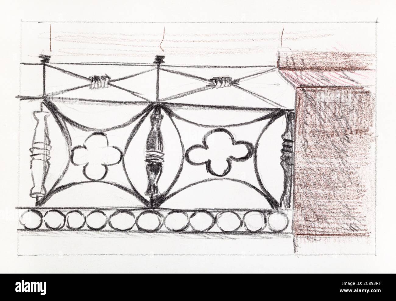 Skizze der Brüstung mit eisernem Zaun von Hand gezeichnet mit Farbstiften auf weißem Papier Stockfoto